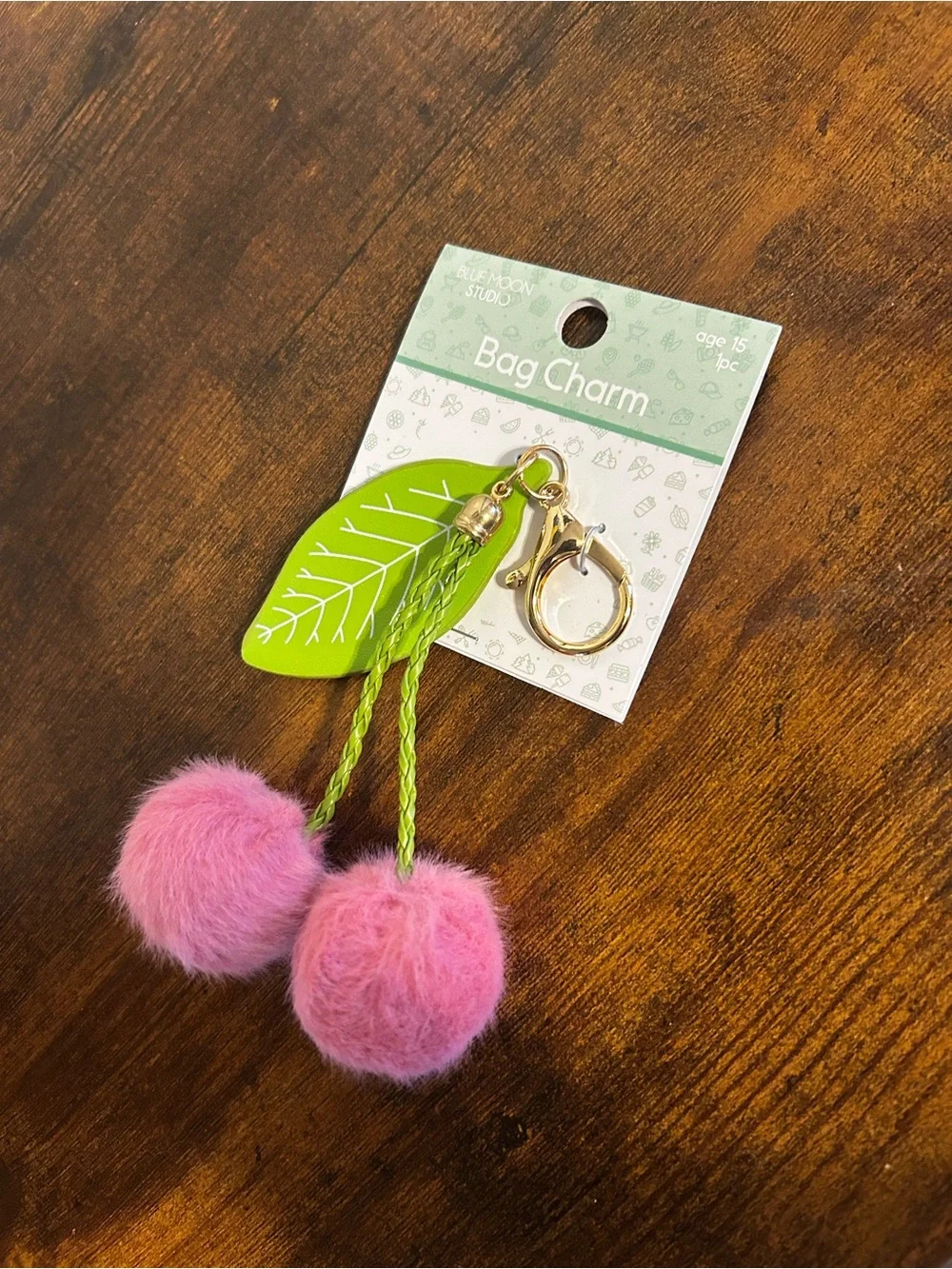 Plush Cherry Bag Charm Keychain with Pink Pom-Pom and Green Leaf
